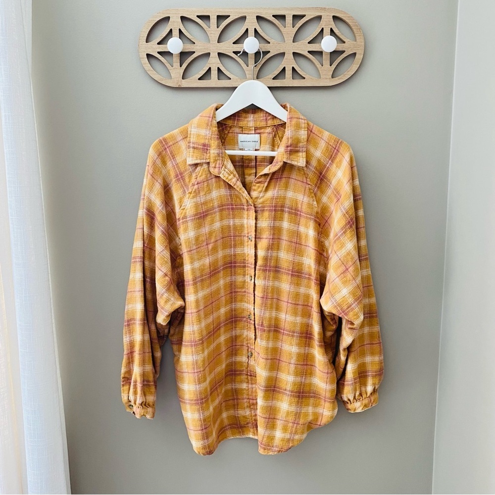 American Eagle Outfitters Button Up Plaid Top Yellow Sz Large